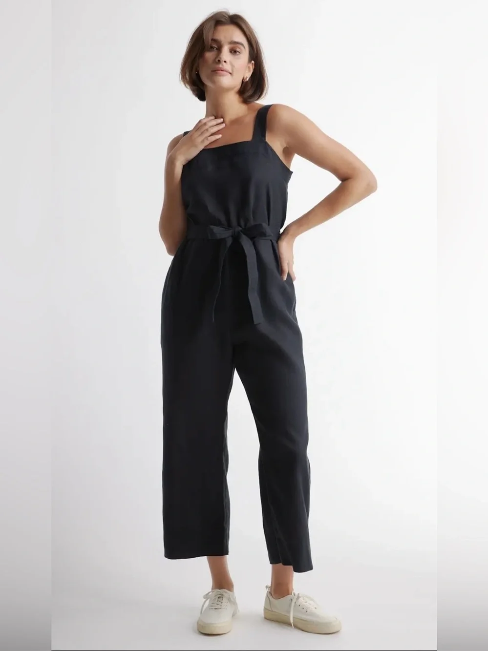 Quince Overalls 100% Linen Black Wide Leg Ankle Adjustable Straps XL
